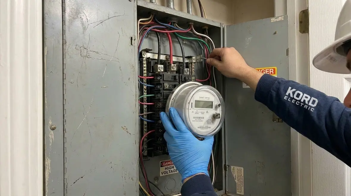 Technician reviewing smart meter data in a commercial electrical room