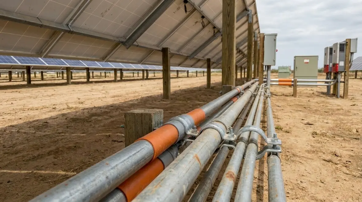 Conduit routing and fixture placement in a commercial solar yard