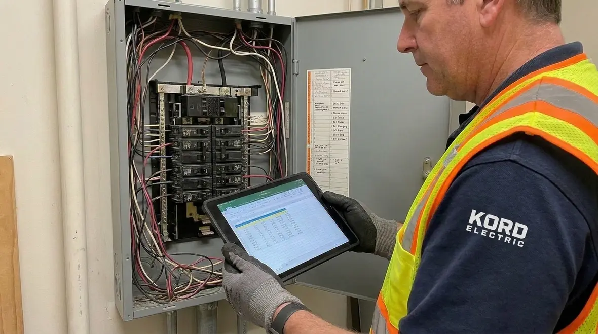 Commercial tenant finish electrician installing wiring and panels during a build-out