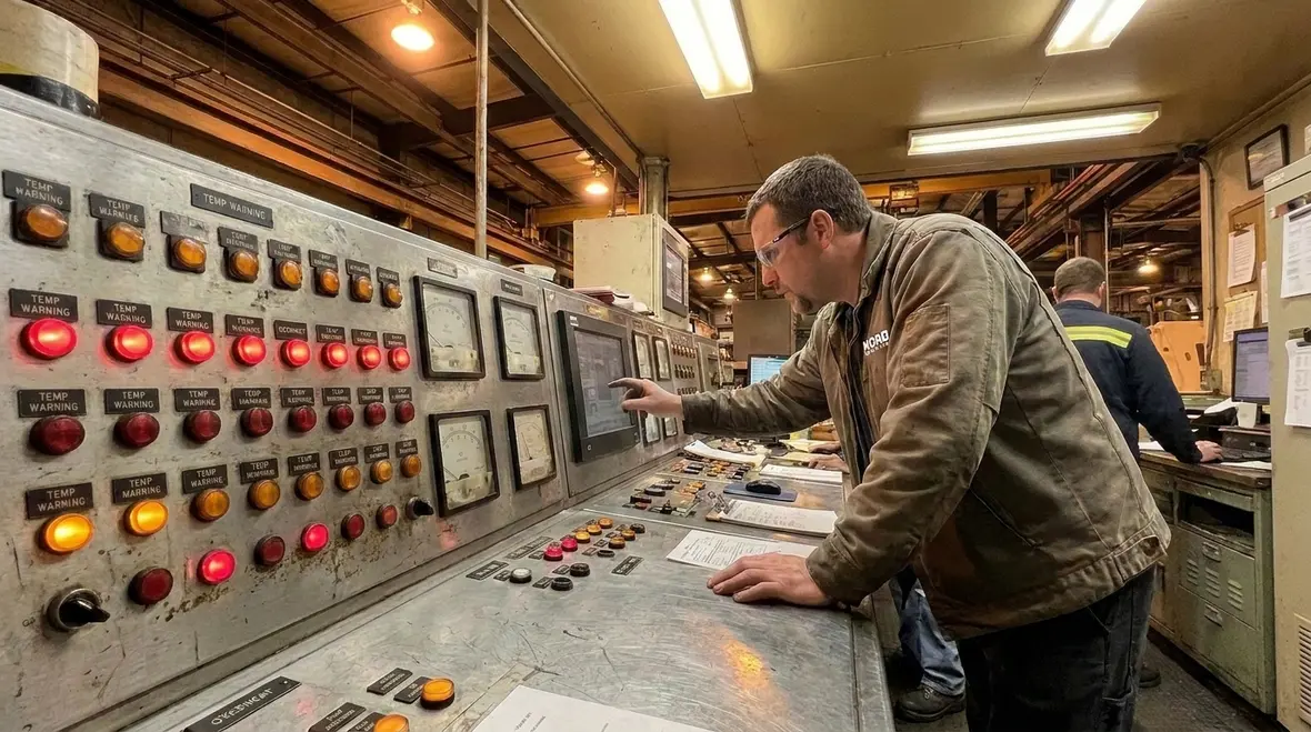 Technician reviewing commercial electrical load distribution on a panel