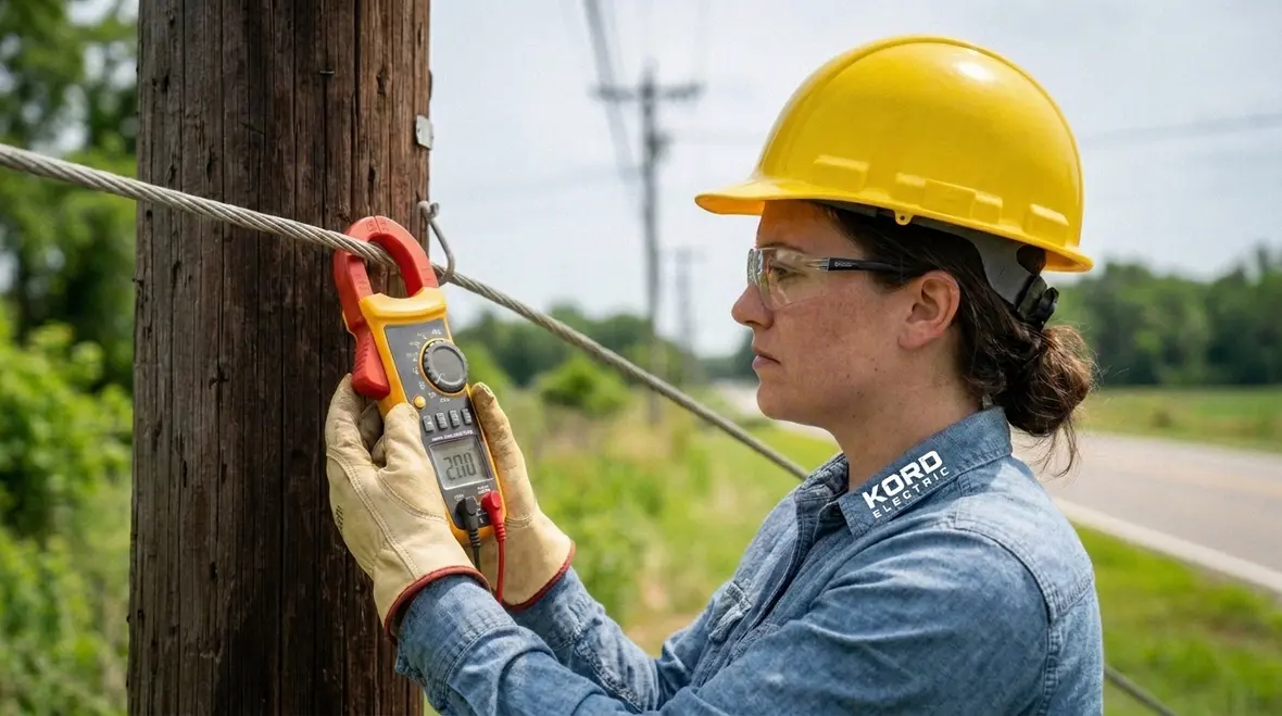 Technician reviewing utility pole load management plan for commercial facility