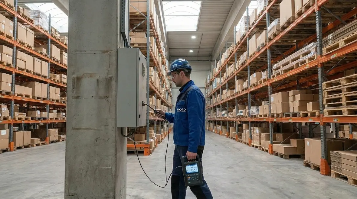 Technicians performing a warehouse energy audit with lighting and electrical checks