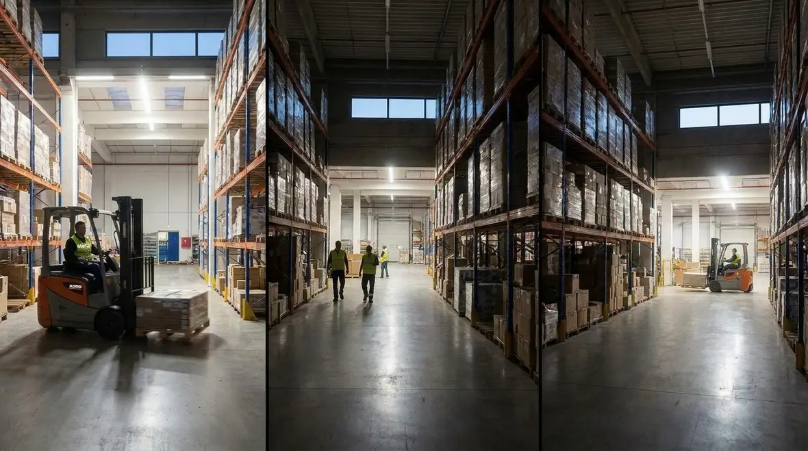 Technician aligning warehouse lighting sensors with forklift and pedestrian paths