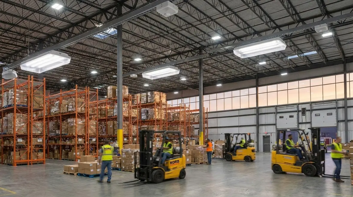 Warehouse lighting controls with sensors and automation in a modern distribution center