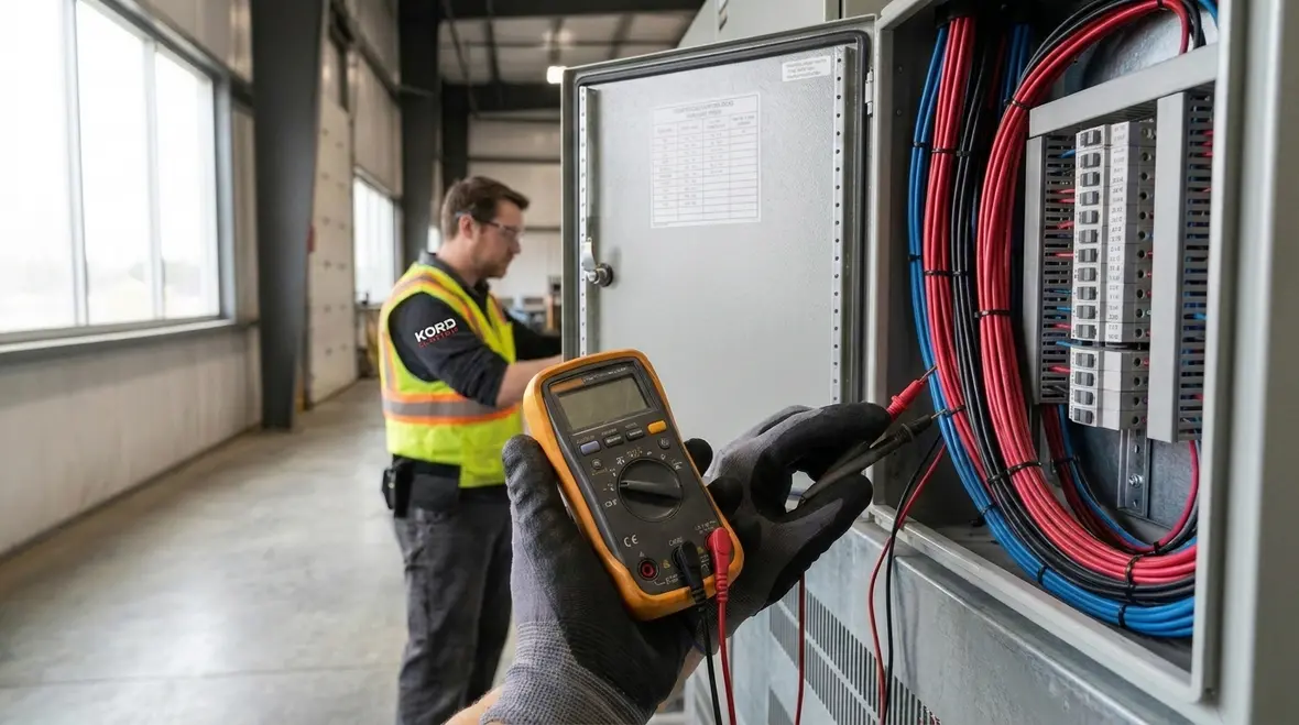 Technicians reviewing a warehouse lighting and electrical system upgrade plan