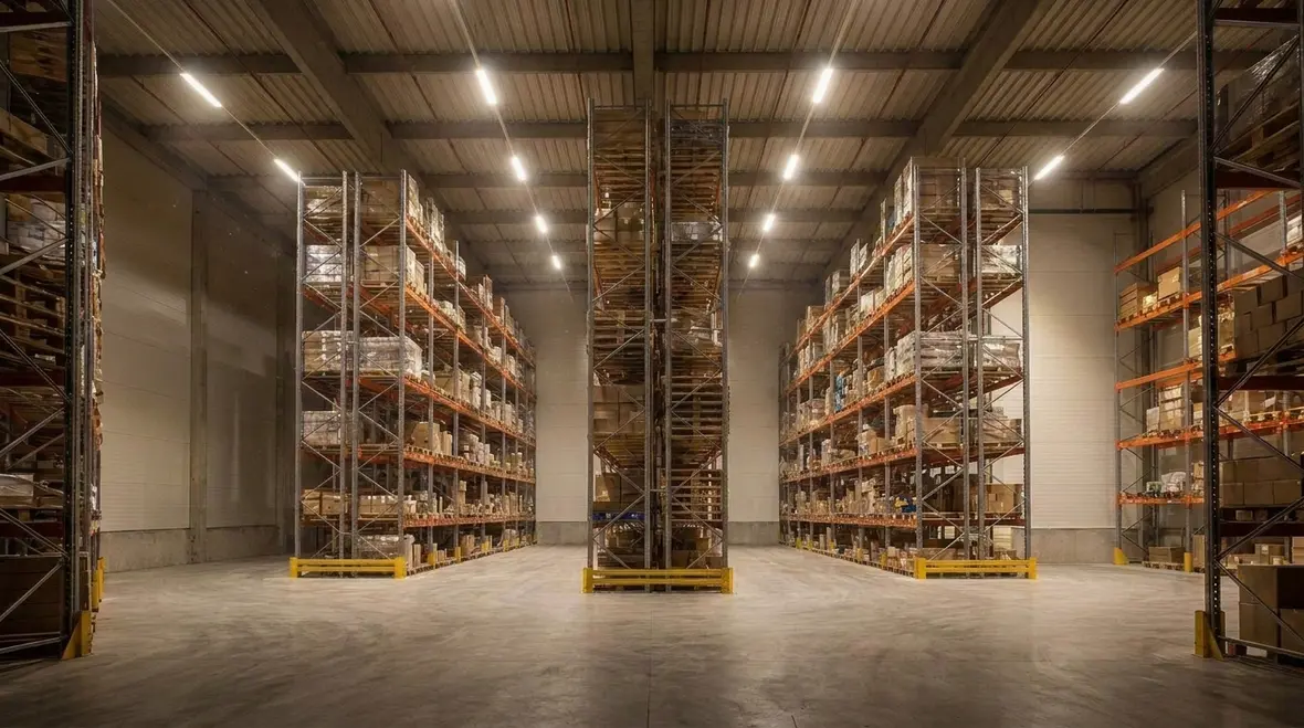 Warehouse LED lighting controls with sensors and zoning