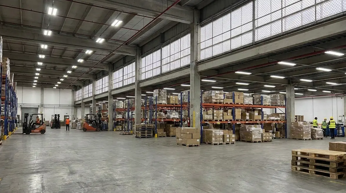 Technicians assessing existing warehouse lighting layout and fixtures