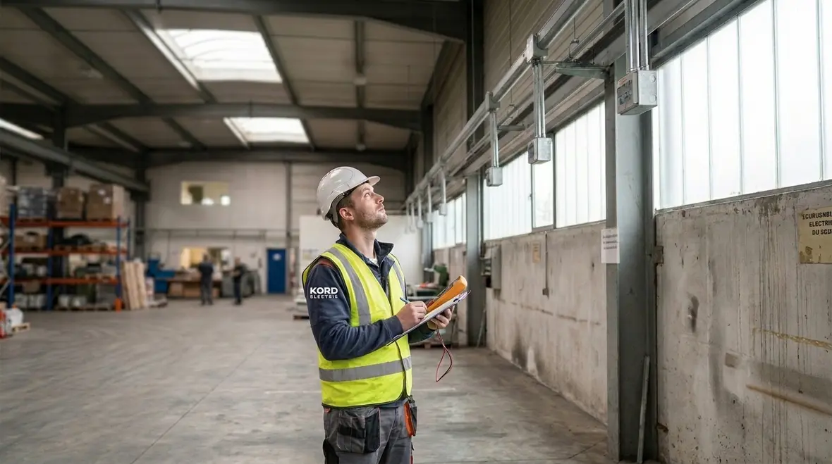 Technician reviewing commercial electrical panels before repairs