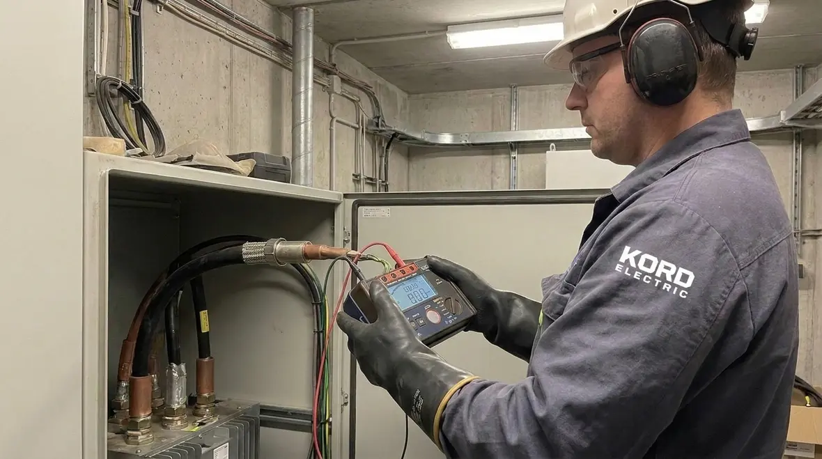Kord Electric technician performing electrical reliability testing measurements on critical equipment