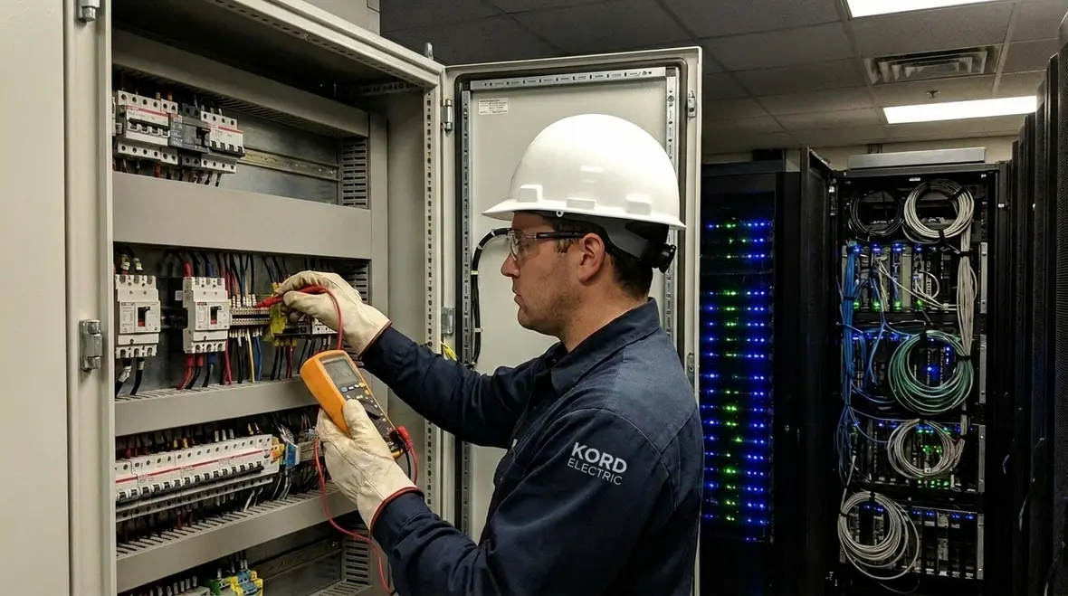 Technicians performing electrical reliability testing for a data center UPS and switchgear lineup