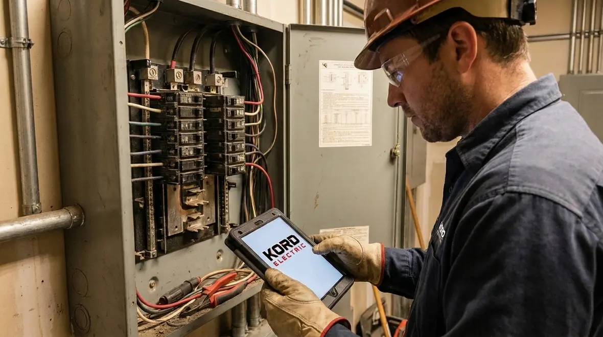 Electrician reviewing NFPA 70 compliant commercial panel