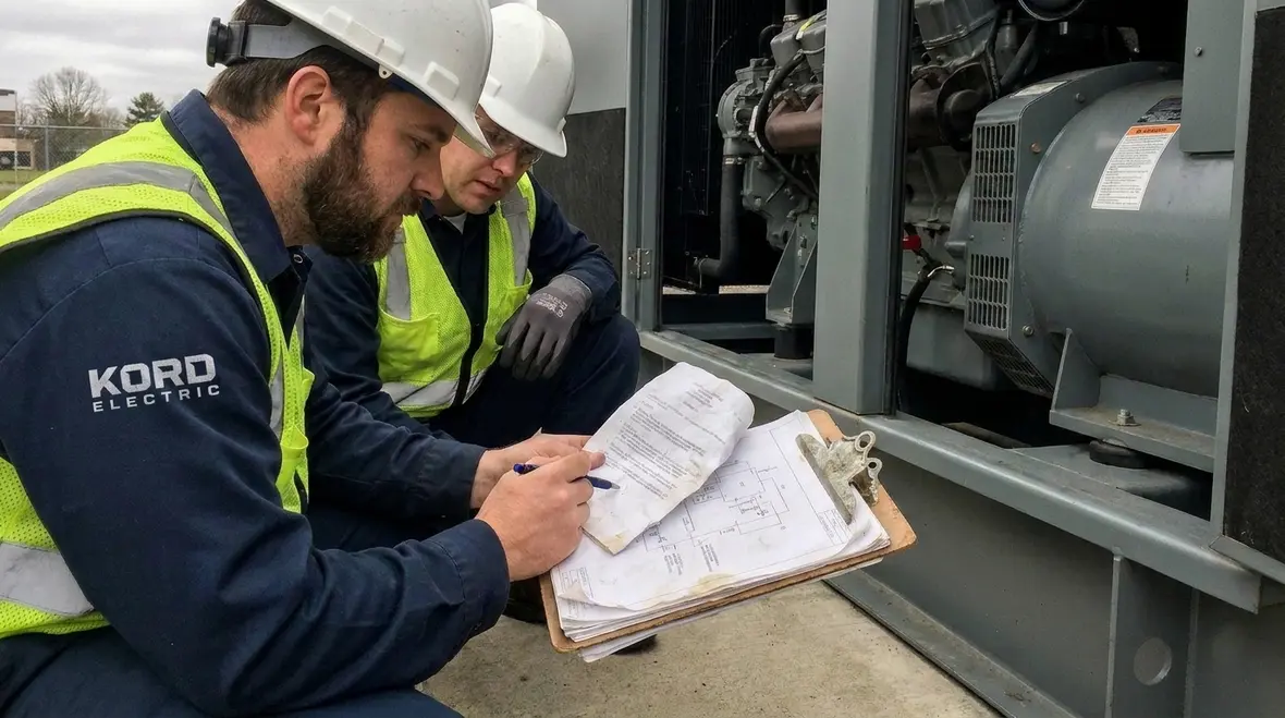 Technician assessing a commercial emergency power and standby generator system for code compliance