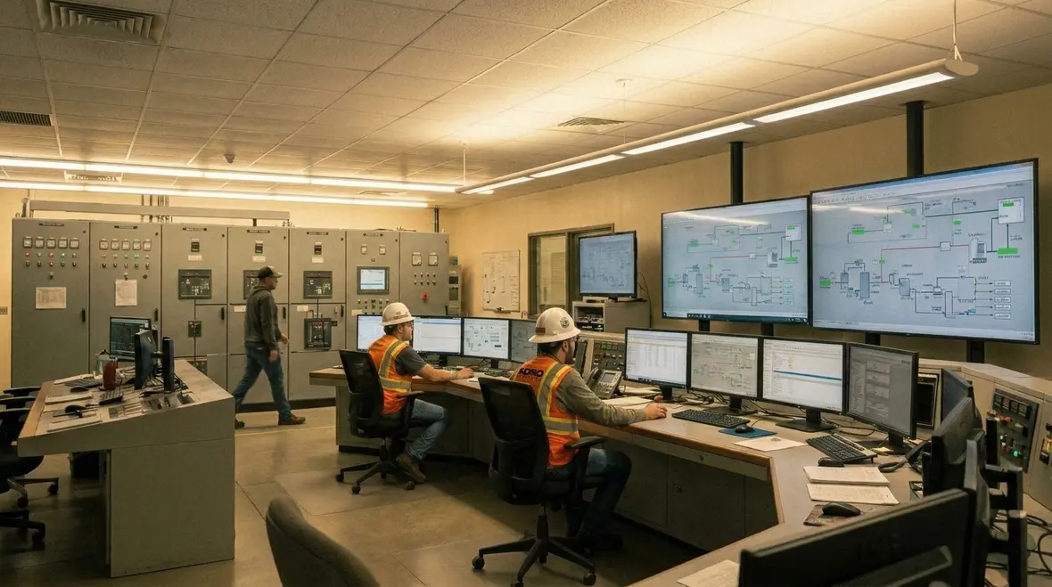Technicians planning zero-downtime electrical upgrades in a commercial facility