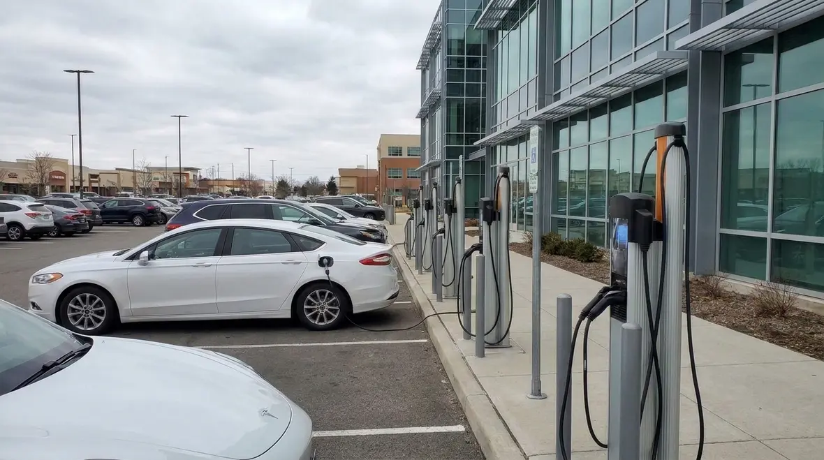 Workplace EV charging stations in a commercial parking structure