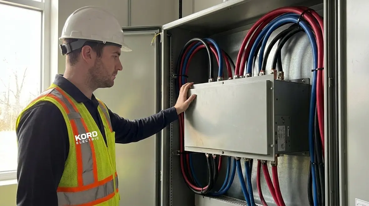 Technicians reviewing backup power load calculations for a commercial facility