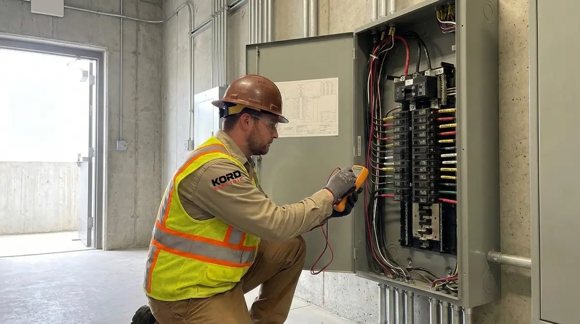 Commercial electrician inspecting electrical panels in a Los Angeles building