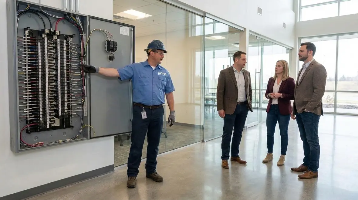 Technicians from Kord Electric discussing a commercial electrical upgrade with facility staff