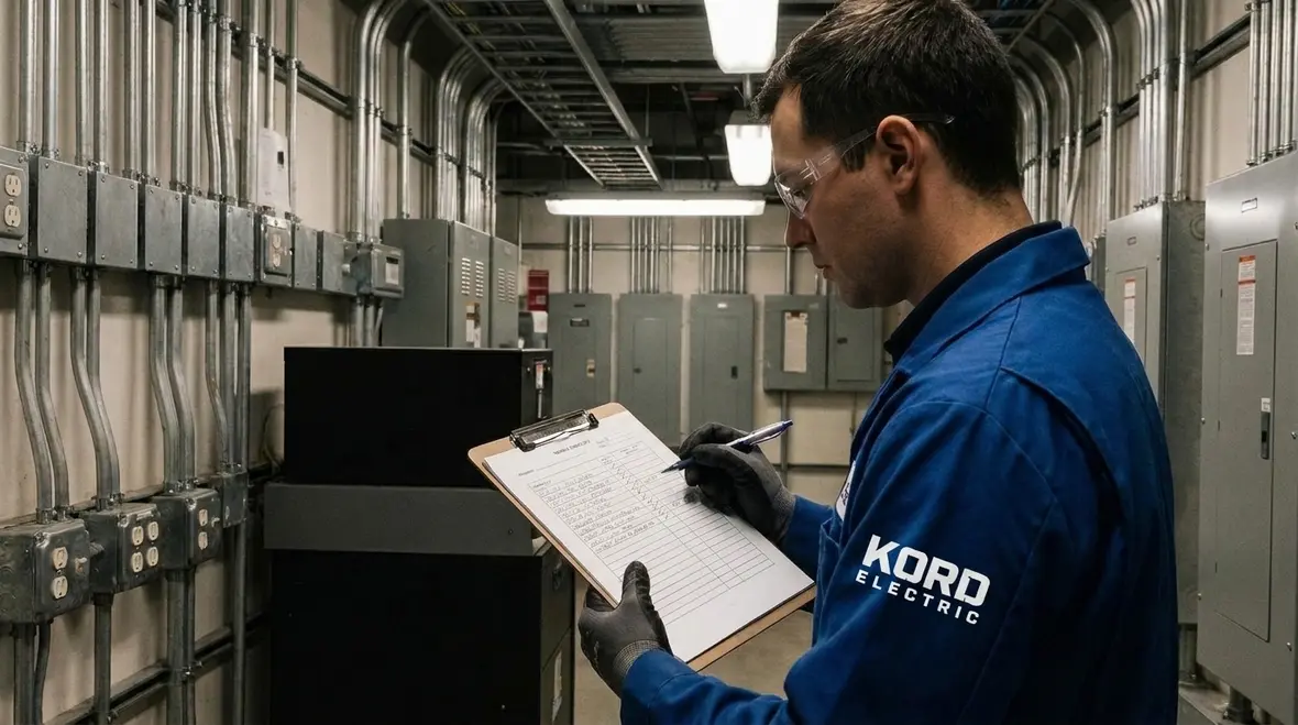 Commercial electrical contractor reviewing a project checklist for a Los Angeles facility