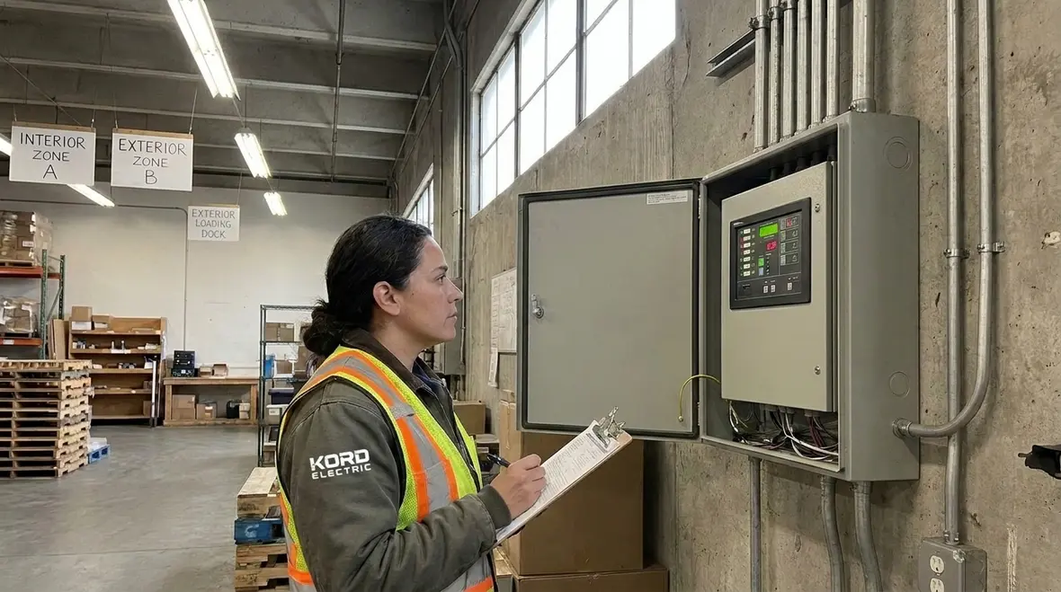 Technician configuring commercial lighting controls for Title 24 compliance