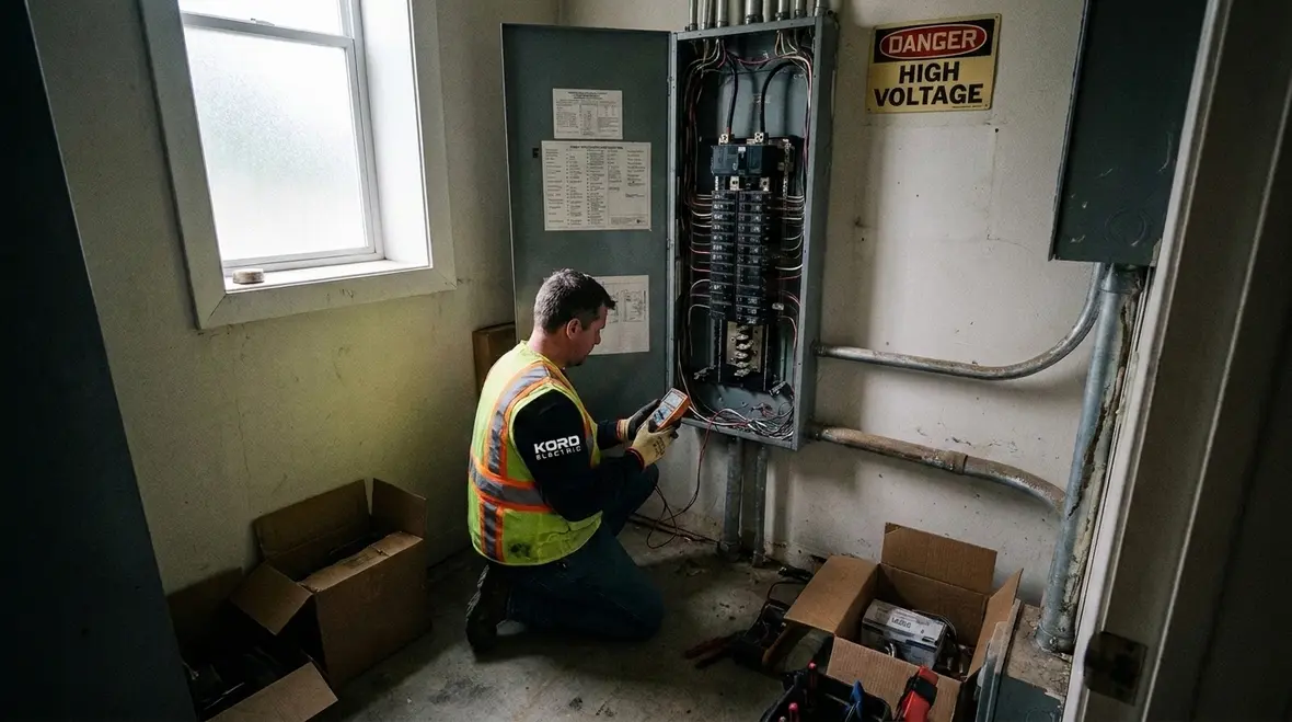 Technician inspecting church electrical panel for California code compliance