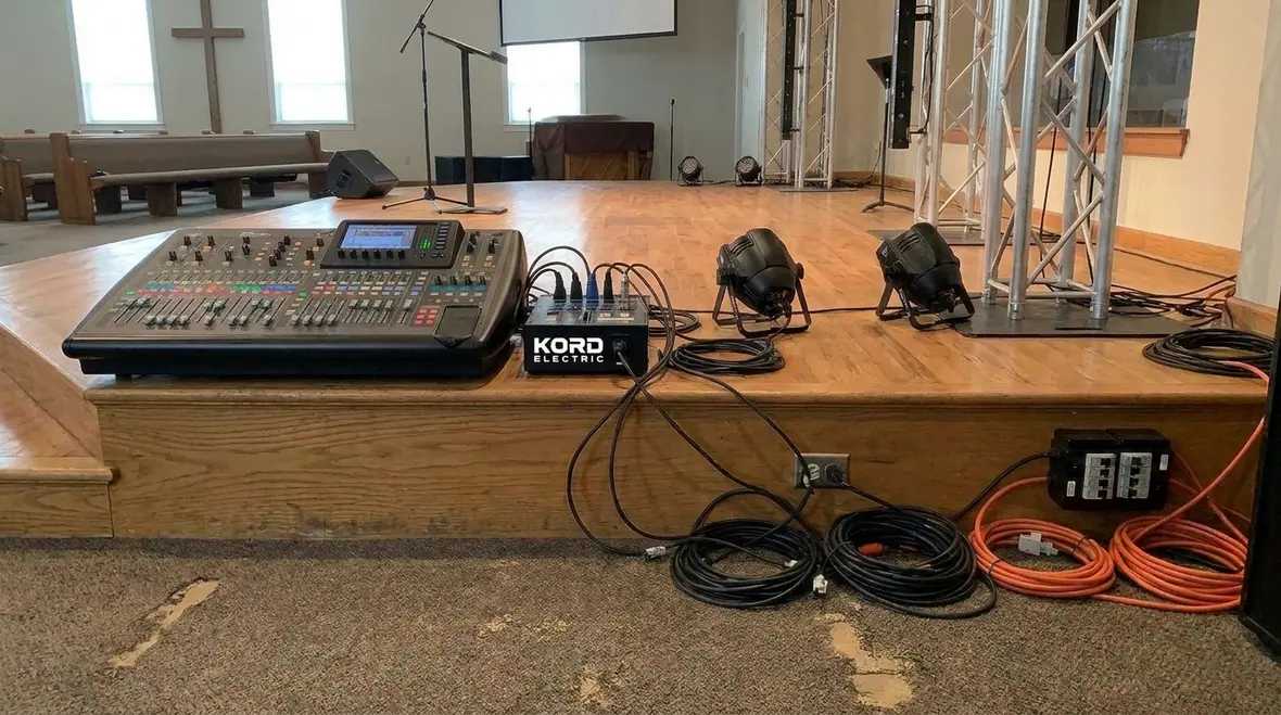 Electrical room and service equipment in a California worship building
