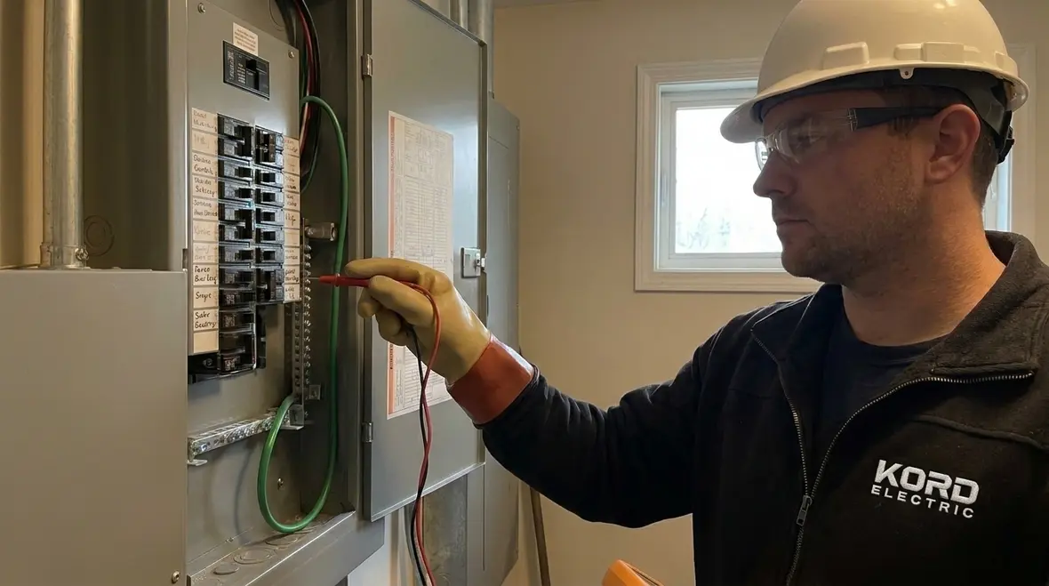 Technician performing electrical maintenance in a church electrical room
