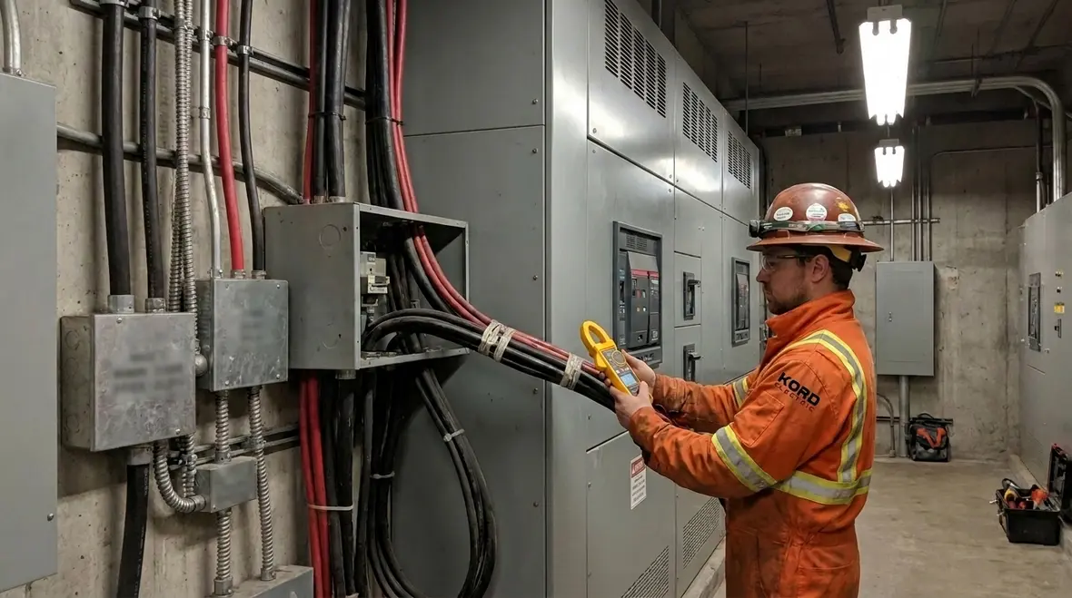 Technician checking commercial breaker load patterns
