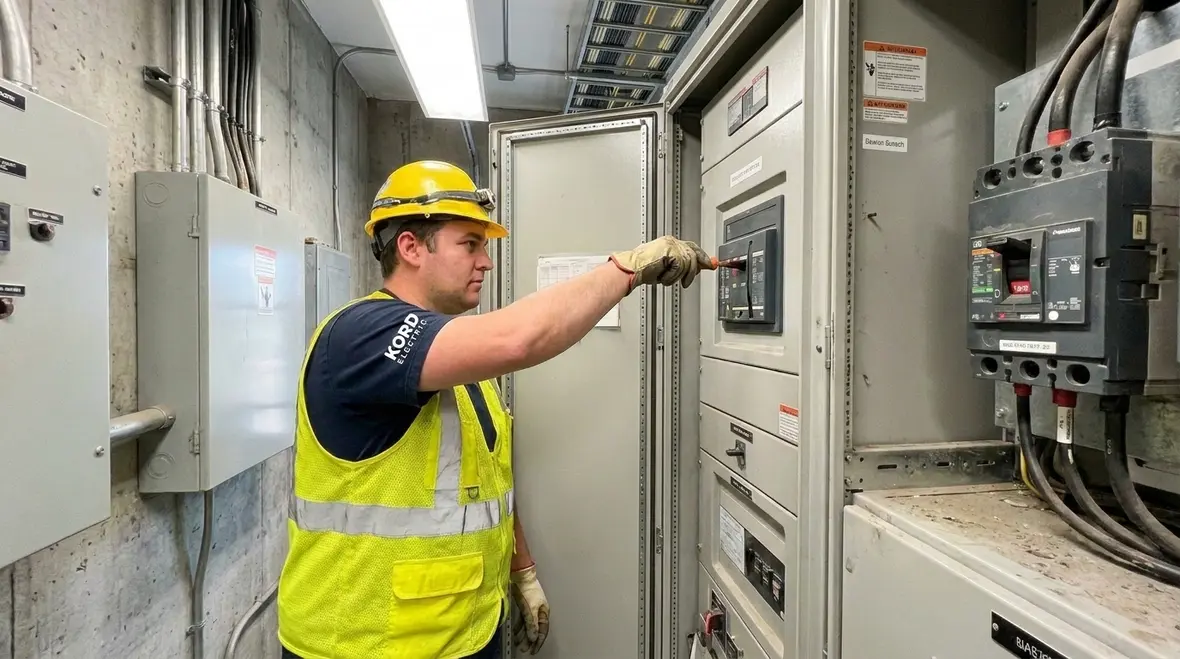 Commercial electrical panel with breakers under load in a facility