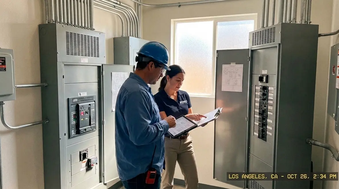 Technician inspecting a commercial breaker panel during an upgrade in Los Angeles