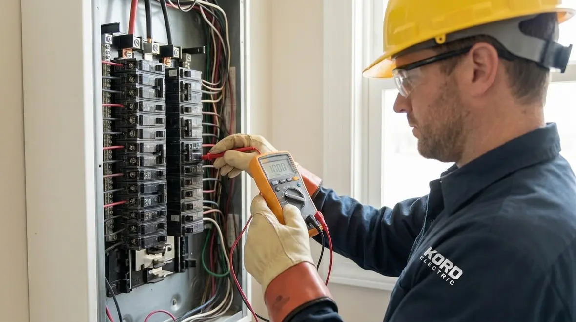 Commercial electrician inspecting a tripping circuit breaker in a commercial panel