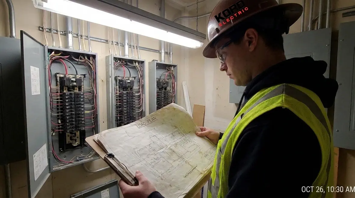 Close-up of commercial electrical distribution components including breakers and busbars