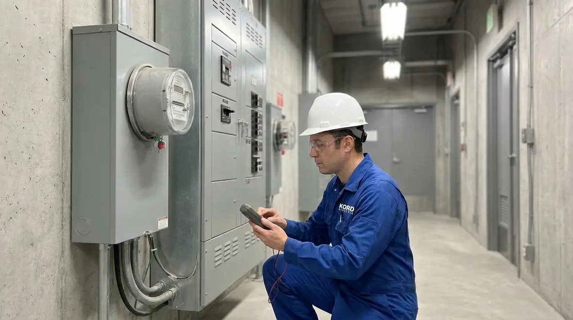 Commercial electrical room with switchgear and panels distributing power