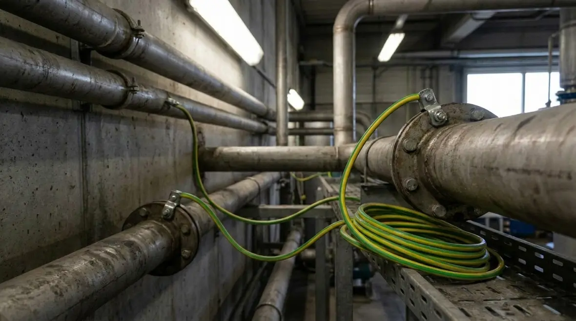 Commercial electrical room with grounded switchgear and bonded metallic raceways