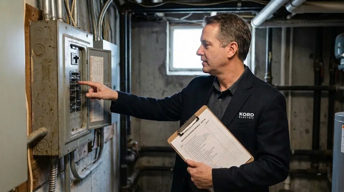 Technician performing a commercial electrical inspection in a California facility