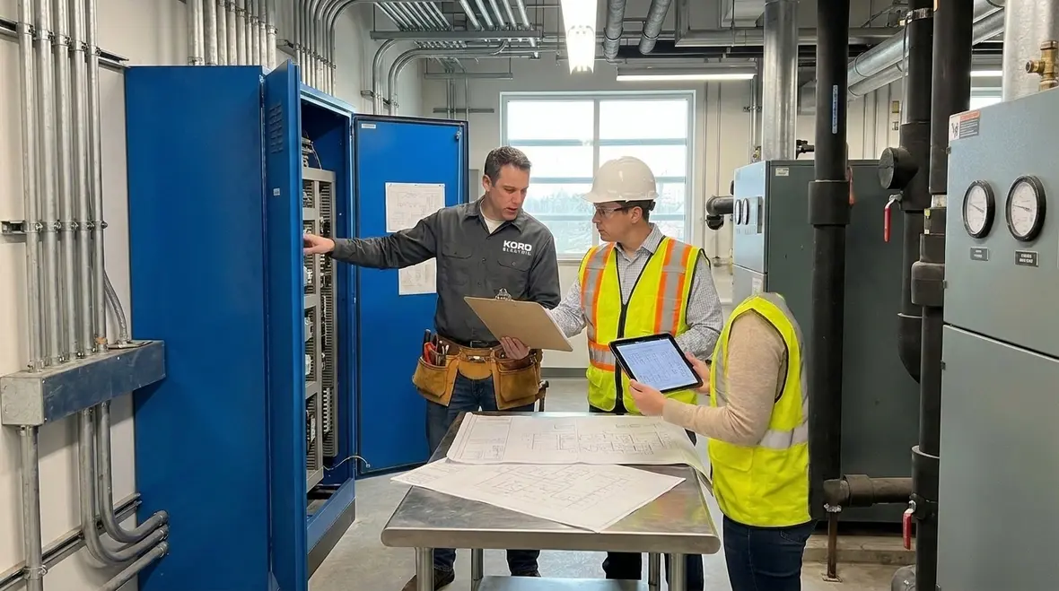 Technician reviewing commercial electrical load calculation requirements on a tablet inside an electrical room