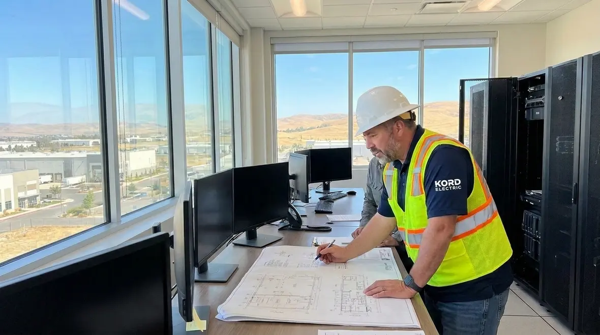 Commercial electrician performing preventive maintenance in a California facility