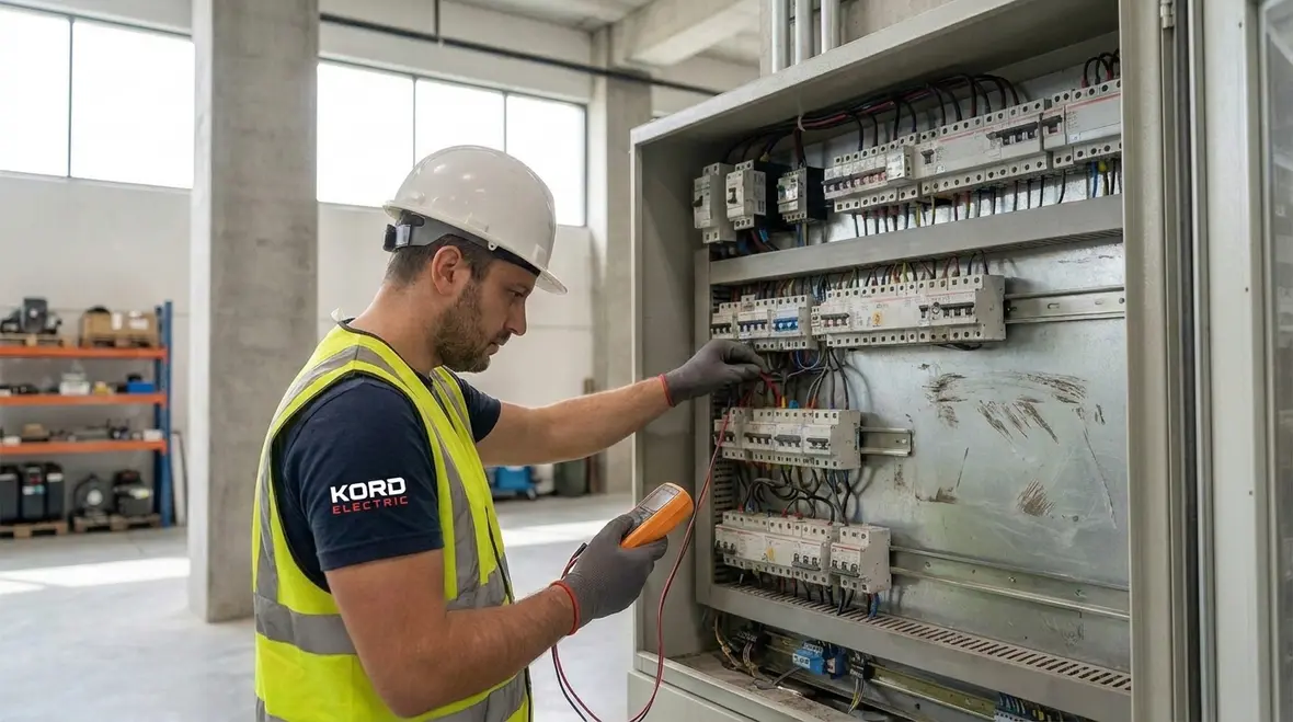 Commercial electrician inspecting a main electrical panel for lifespan and safety