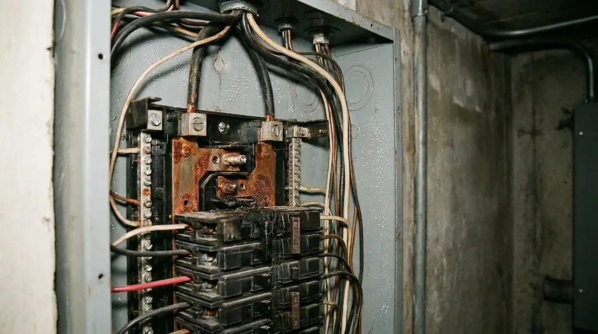 Commercial electrical panel with visible signs of overheating and wear