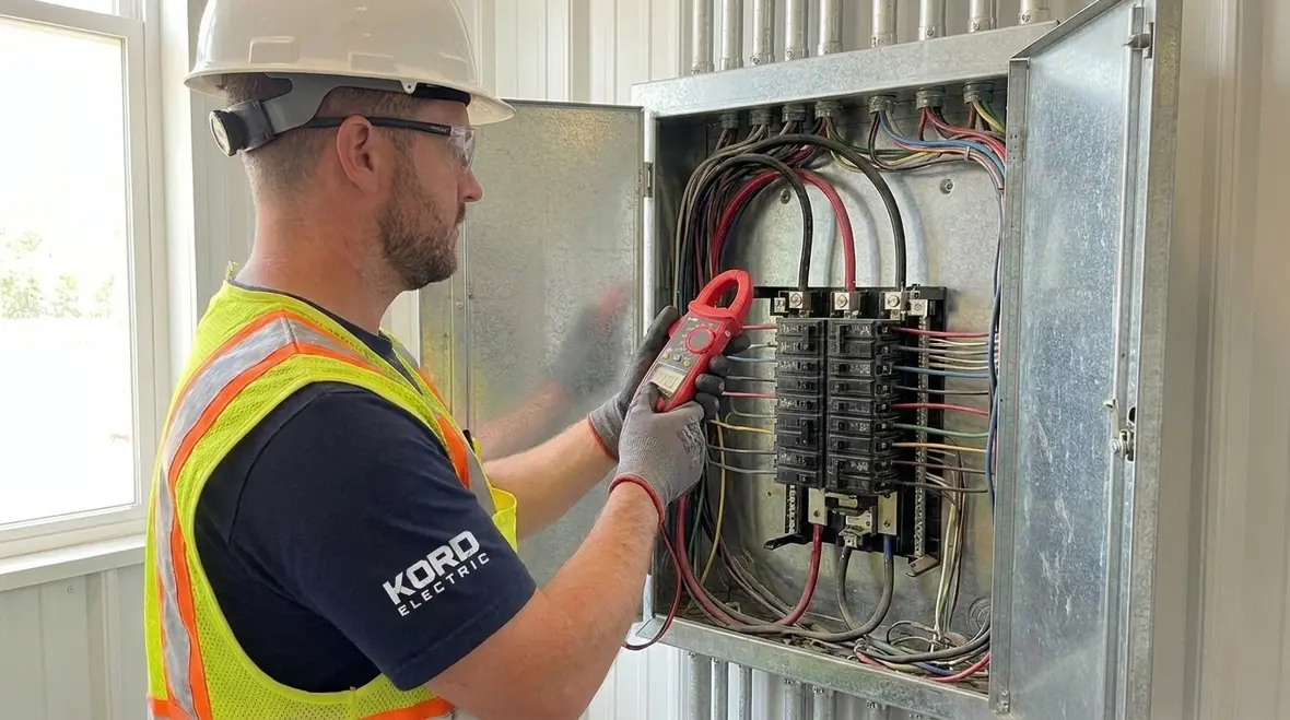 Business owner reviewing commercial panel repair vs replacement options with electrician