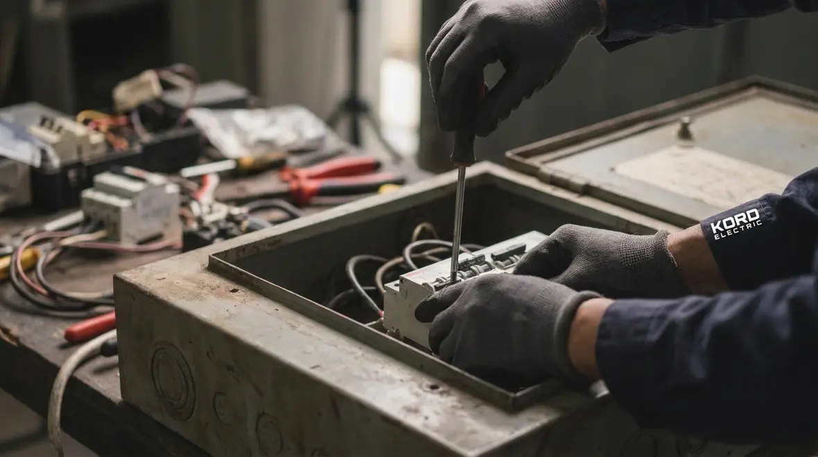 Technician evaluating a commercial electrical panel for repair vs replacement