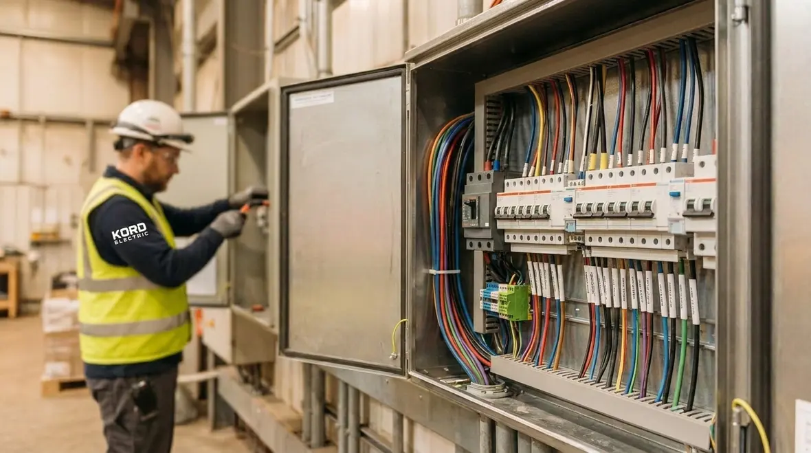 Technician reviewing a commercial electrical panel upgrade plan