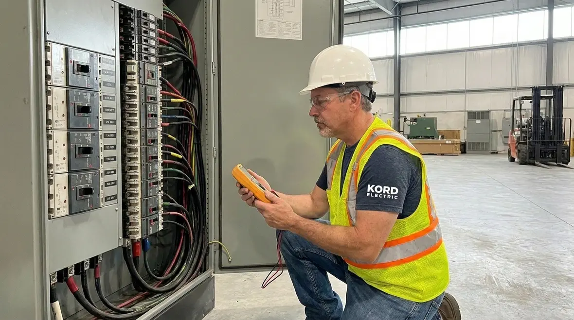Technician performing a commercial electrical panel upgrade in a California facility
