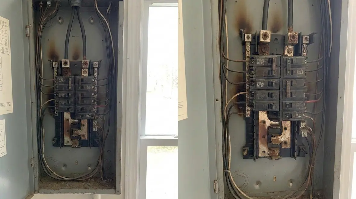 Technician inspecting a commercial electrical panel in California