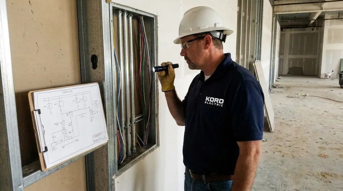 Inspector reviewing commercial electrical plans for Los Angeles permit approval