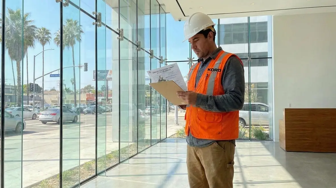 Commercial electrician reviewing permit requirements in a Los Angeles electrical room