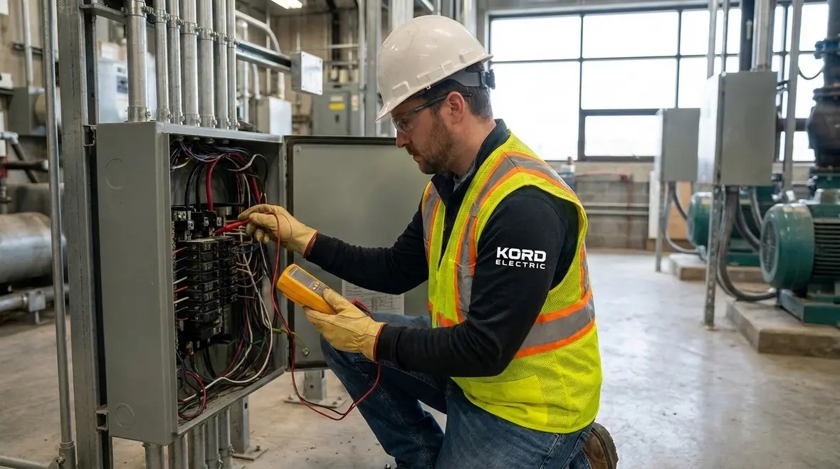 Technician performing commercial electrical troubleshooting in an industrial facility