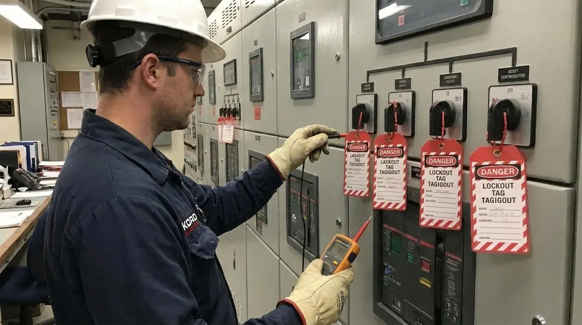 Electrician safely performing lockout tagout before troubleshooting