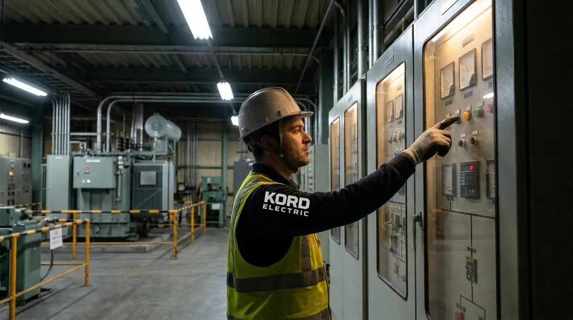 Industrial electrical equipment and panels in a commercial power room