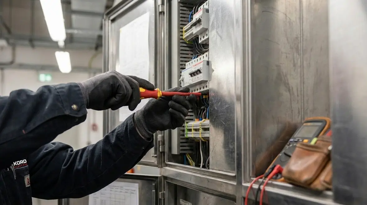 Technicians performing commercial electrical maintenance in Los Angeles building
