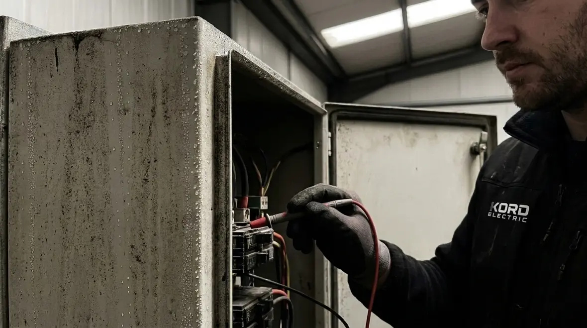 Commercial electrician in Los Angeles inspecting a main electrical panel
